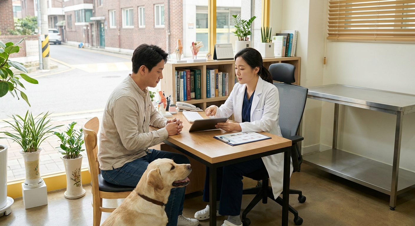 밝은 동물병원 상담실에서 수의사가 보호자에게 반려동물의 건강을 차분히 설명하는 따뜻한 장면