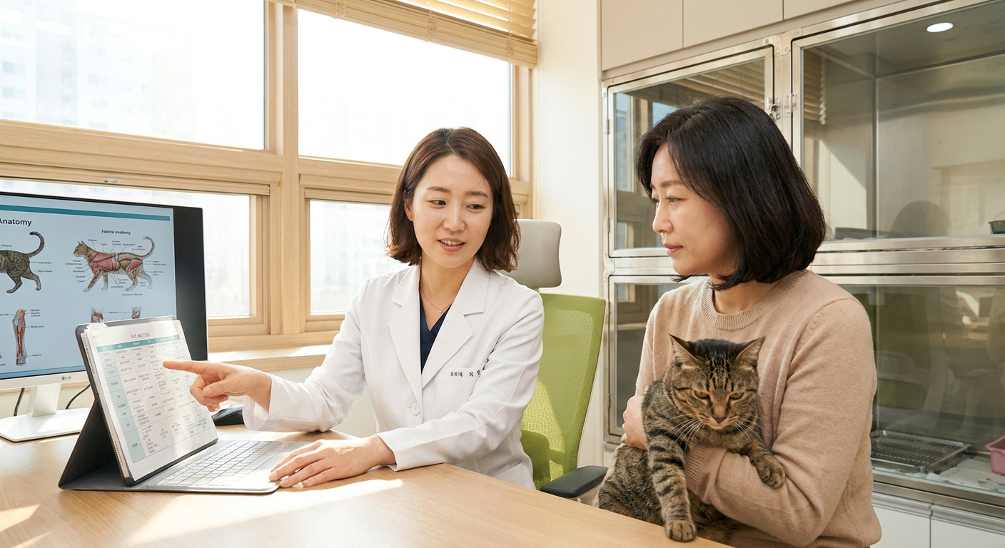 밝은 동물병원 상담실에서 수의사가 보호자에게 고양이의 건강을 차분히 설명하는 따뜻한 장면