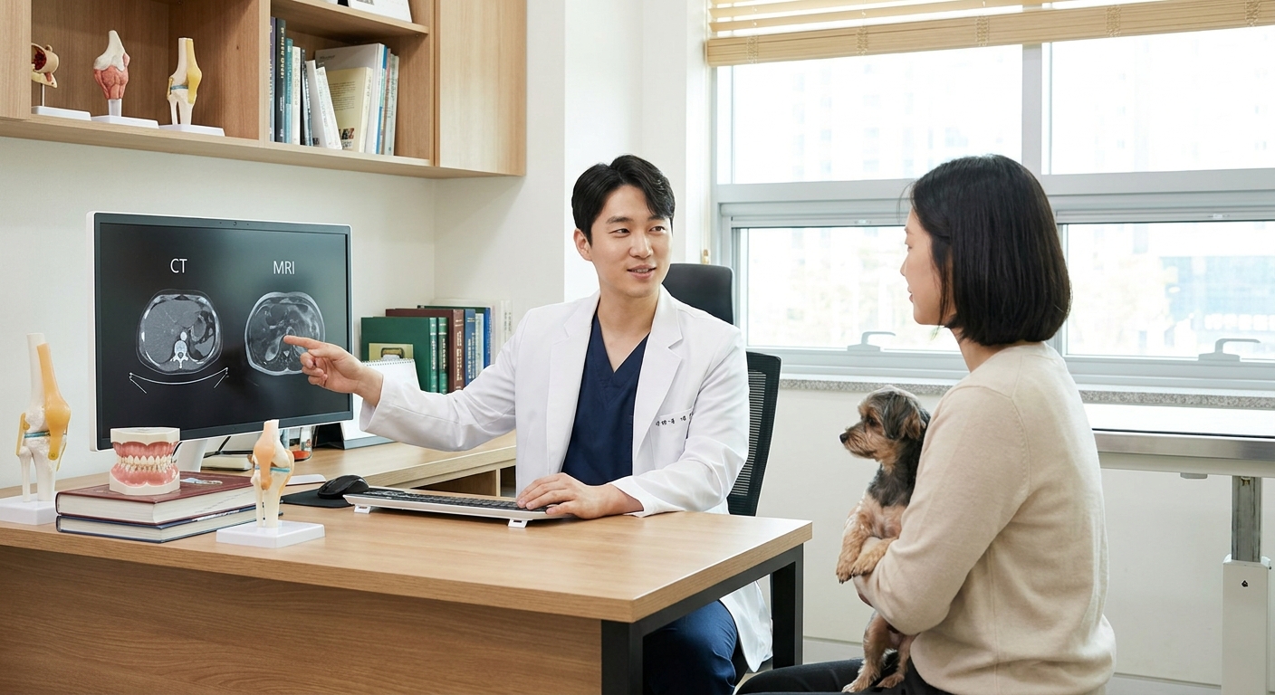 밝은 동물병원 상담실에서 수의사가 보호자에게 반려동물의 건강을 차분히 설명하는 따뜻한 장면