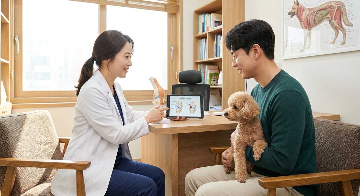 밝은 동물병원 상담실에서 수의사가 보호자에게 강아지의 건강을 차분히 설명하는 따뜻한 장면